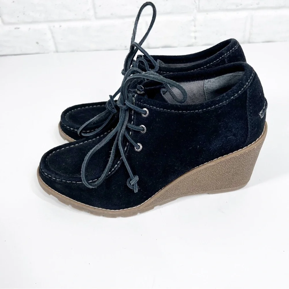 Sperry Stella Black Suede lace up wedge bootie